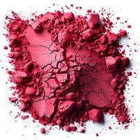 Red powder isolated on white background with shadow. Red powder pigment top view. Red powder for eyeshadow use photo