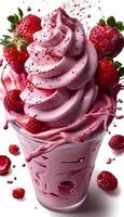 Strawberry ice cream explosion on white background. Pink cream splash. Ice cream cone photo