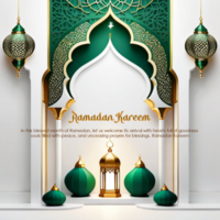 Ramadan kareem luxury green mihrab background design with gold lantern decoration psd