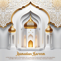 Ramadan kareem lusso bianca mihrab sfondo design con oro lanterna decorazione psd