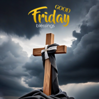 Good Friday concept wooden cross wrapped in mourning cloth on somber clouds background psd