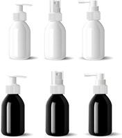 Medical bottles with dispenser spray caps. Aerosol containers in glossy black and white glass, pump dispenser for liquid moisturizer cosmetics. 3s realictic mockup product set. vector