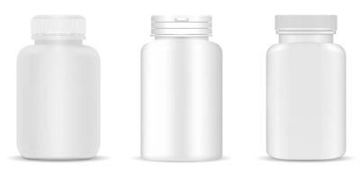 médico botellas colocar. blanco contenedores para drogas, pastillas, suplementos 3d tarro ilustración. vector
