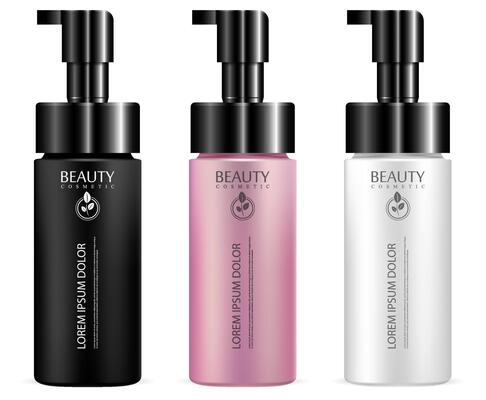 Pump bottles for cosmetic products. Dispenser pump containers mockup template. 3d realistic illustration.
