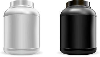 Big protein nutrition jars mockup set. Sports food gainer can. whey protein bottles template in black and white color. vector