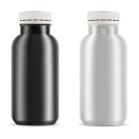 Drink bottles mockup. Realistic 3d illustration of black and wwite bottles with white plastic lid for fresh, juice, tea, yogurt and other liquid products. vector