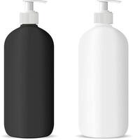 redondo cosmético botellas con dispensador bomba tapa en negro y blanco color. cosmético envase para siguiente productos crema, hidratante, champú, mascarilla, jabón y otro líquidos. 3d ilustración. vector