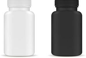 Drug medical bottles set. Black and white 3d illustration. Mockup Template of medicine packaging for pills, capsule, drugs. Sports and health life supplements. vector