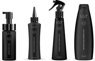 Set of black cosmetic bottles for hair care products shampoo, gel, soap and other liquids. Dispenser pump, dropper, pistol spray containers. 3d mockup packaging design. vector