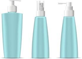 Cosmetic bottles pack with pump and spray dispenser lids in marine blue green color. Cosmetic containers for next products cream, moisturizer, shampoo, mask, soap and other liquids. 3d illustration. vector