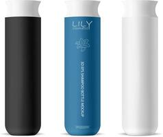 Cylinder cosmetic bottles set for shampoo, gel, soap and other hair and skin care products. Black, white and blue containers with white lid. 3d illustration. vector