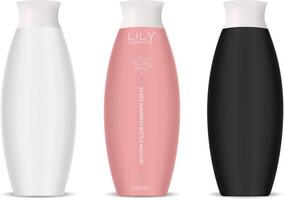 Trendy shape shampoo bottles mockup set. Cosmetic packaging design for hair or skin care products in black, white and rose color. 3d realistic illustration. vector