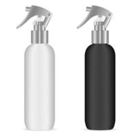 Spray bottles with pistol sprayer head for cosmetic or house care products.Black and white plastic cosmetics package with silver trigger lid. dispenser container. vector