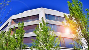 Eco architecture. Green tree and new residential building. Harmony of nature and modernity. Modern apartment building with new apartments in a green residential area. photo