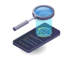 Smartphone technology search analysis, flat isometric 3D illustration vector