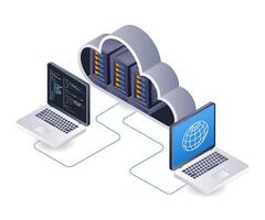 Computer network program cloud server technology analyst infographic 3d illustration flat isometric vector