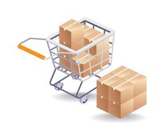 Cardboard with shopping trolley infographic flat isometric 3d illustration vector