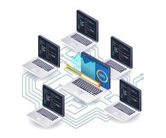 Computer network programmer technology analysis infographic 3d illustration flat isometric vector