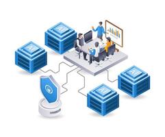 Team working on technology ai server, isometric flat 3d illustration infographic vector