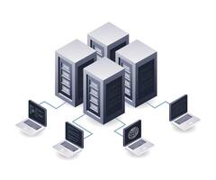 Computer data network server technology infographics flat isometric 3d illustration vector