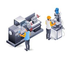 Manual lathe and drill operator, infographic flat isometric 3d illustration vector
