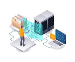 desarrollador nube datos servidor hospedaje tecnología infografía ilustración 3d plano isométrica vector