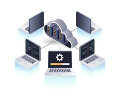 Computer data network cloud server technology, infographic 3d illustration flat isometric vector