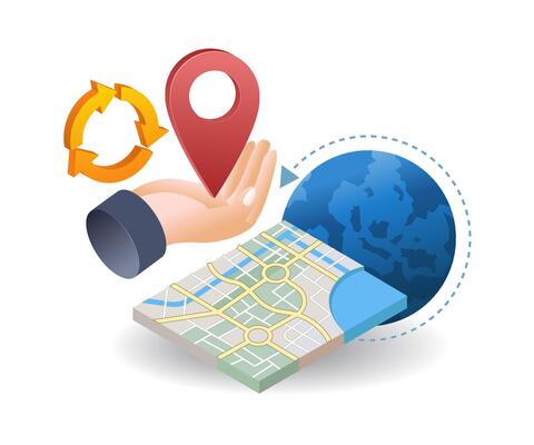 Location pin with map in hand infographic flat isometric 3d illustration