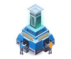 Data server machine makes artificial intelligence technology infographic flat isometric 3d illustration vector