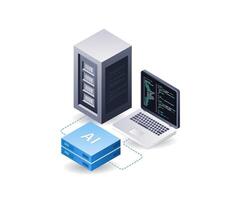 Computer artificial intelligence data server, infographic 3d illustration flat isometric vector