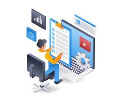 Working on a computer, information data application, infographics, flat isometric 3d illustration vector