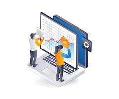 Team analyzing business development data, infographic flat isometric 3d illustration vector