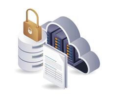 Technology cloud server data security key, flat isometric 3d illustration infographic vector