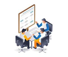 Team discussion about the development of business ideas, infographic illustration 3d flat isometric vector