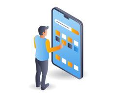 Man using smartphone app, isometric flat 3d illustration infographic vector