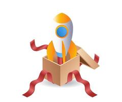 Rocket coming out of cardboard startup technology infographic flat isometric 3d illustration vector