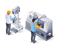CNC lathe and drill machine operator, flat isometric 3d illustration infographic vector