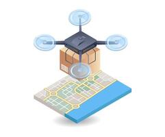 Drone delivering goods with location map, flat isometric 3d illustration infographic vector