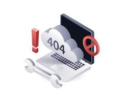 el computadora recibido un error advertencia código 404, tecnología sistema, 3d plano isométrica ilustración infografía vector