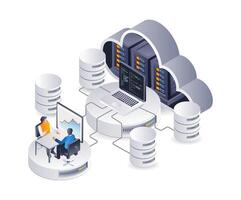 tecnología nube servidor computadora análisis gestión, plano isométrica 3d ilustración infografía vector