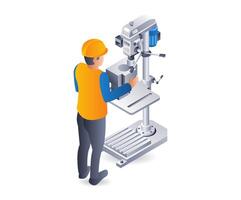 Technology manual drilling machine system operator, flat isometric 3d illustration infographic vector