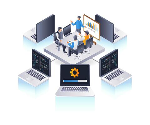 Team developing computer technology, infographic 3d illustration flat isometric
