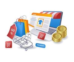 Online shopping e commerce market infographic flat isometric 3d illustration vector