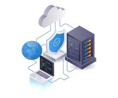nube servidor seguridad analista, infografía 3d ilustración plano isométrica vector