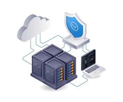 Cloud server security big data analyst, infographic 3d illustration flat isometric vector