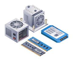 A set of gaming computer parts infographics 3d illustration flat isometric vector