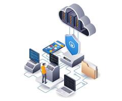 Application developer with security hosting cloud server technology infographic illustration 3d flat isometric vector
