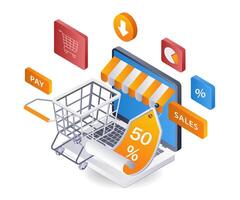 descuento en línea compras comercio electrónico infografía plano isométrica 3d ilustración vector