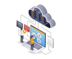 nube servidor hospedaje tecnología desarrollador equipo, plano isométrica 3d ilustración infografía vector