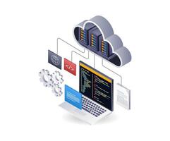 Technology cloud server programming language, isometric flat 3d illustration infographic vector